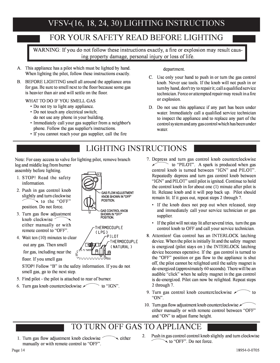 Empire Comfort Systems VFSM -30-3 VFSV-16,18, 24, 30 LIGHTING INSTRUCTIONS, For Your Safety Read Before Lighting 