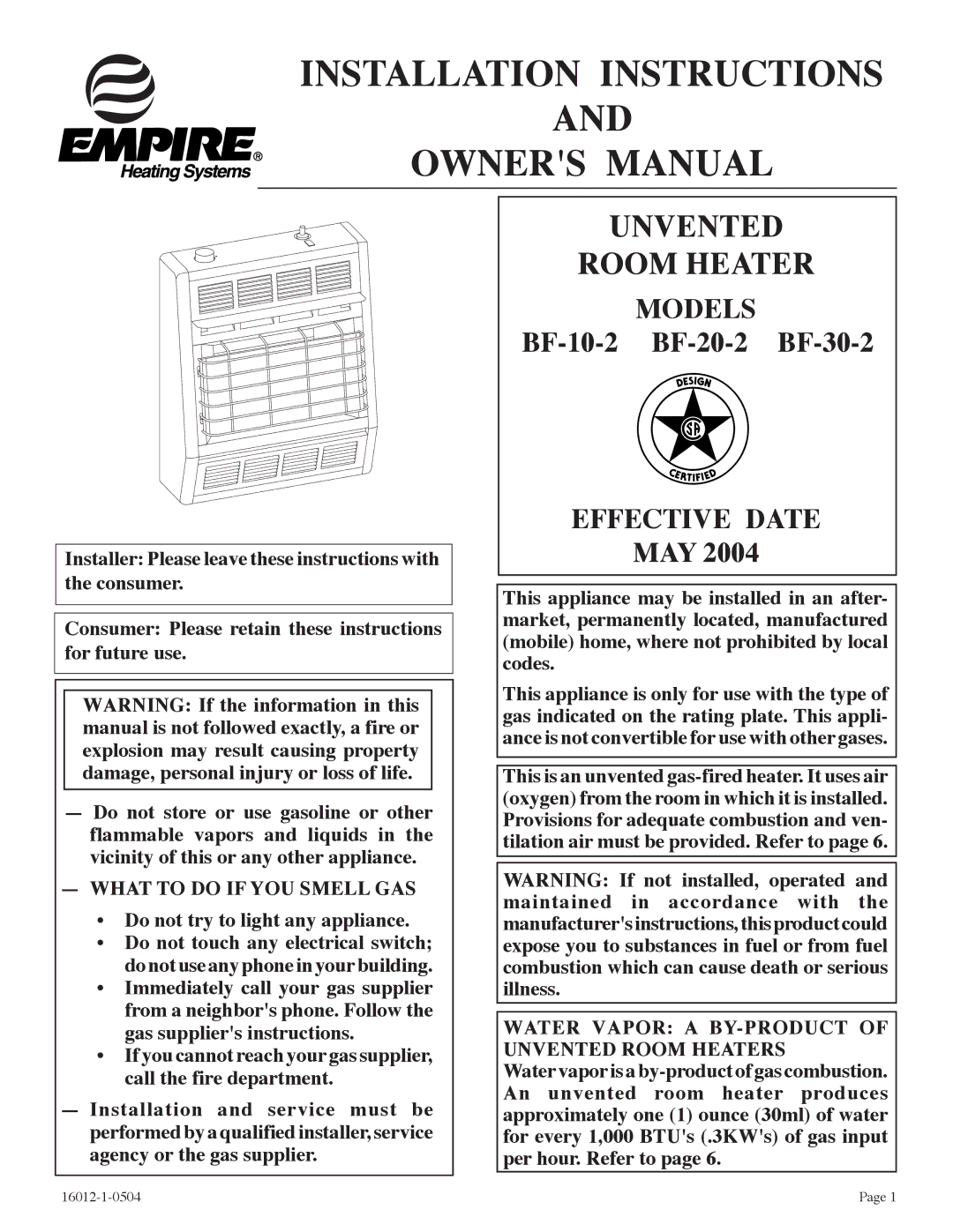 Empire Products BF-30-2, BF-20-2, BF-10-2 installation instructions Installation Instructions 