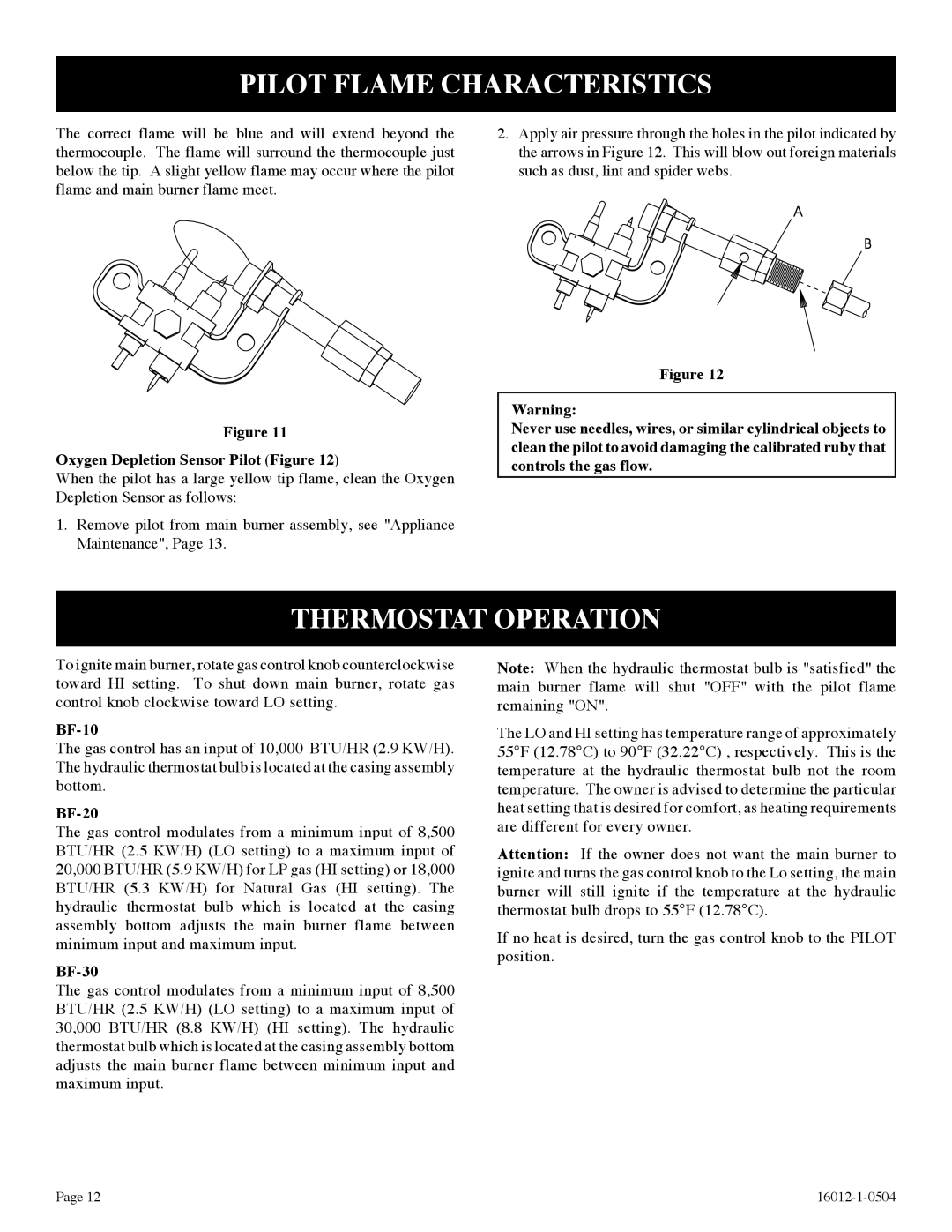 Empire Products BF-20-2 Pilot Flame Characteristics, Thermostat Operation, Oxygen Depletion Sensor Pilot Figure, BF-10 