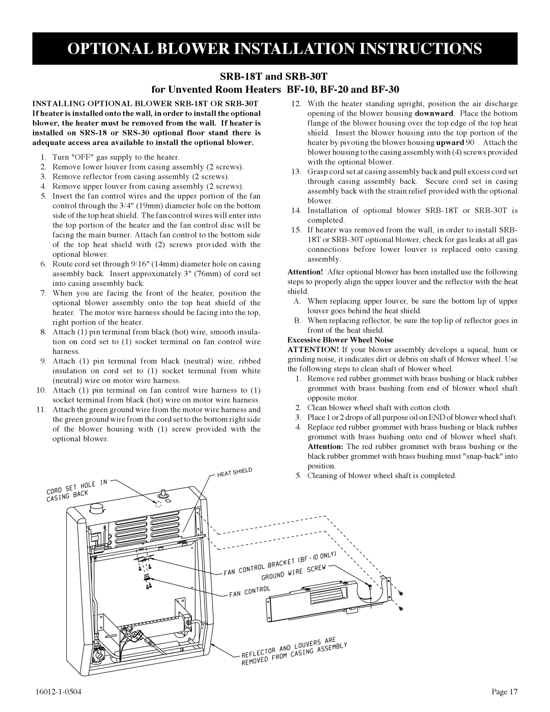 Empire Products BF-10-2, BF-20-2, BF-30-2 Optional Blower Installation Instructions, Excessive Blower Wheel Noise 