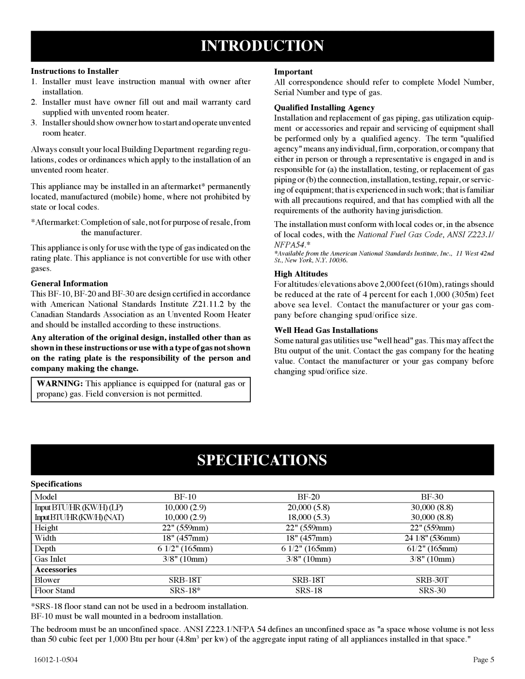 Empire Products BF-10-2, BF-20-2, BF-30-2 installation instructions Introduction, Specifications 