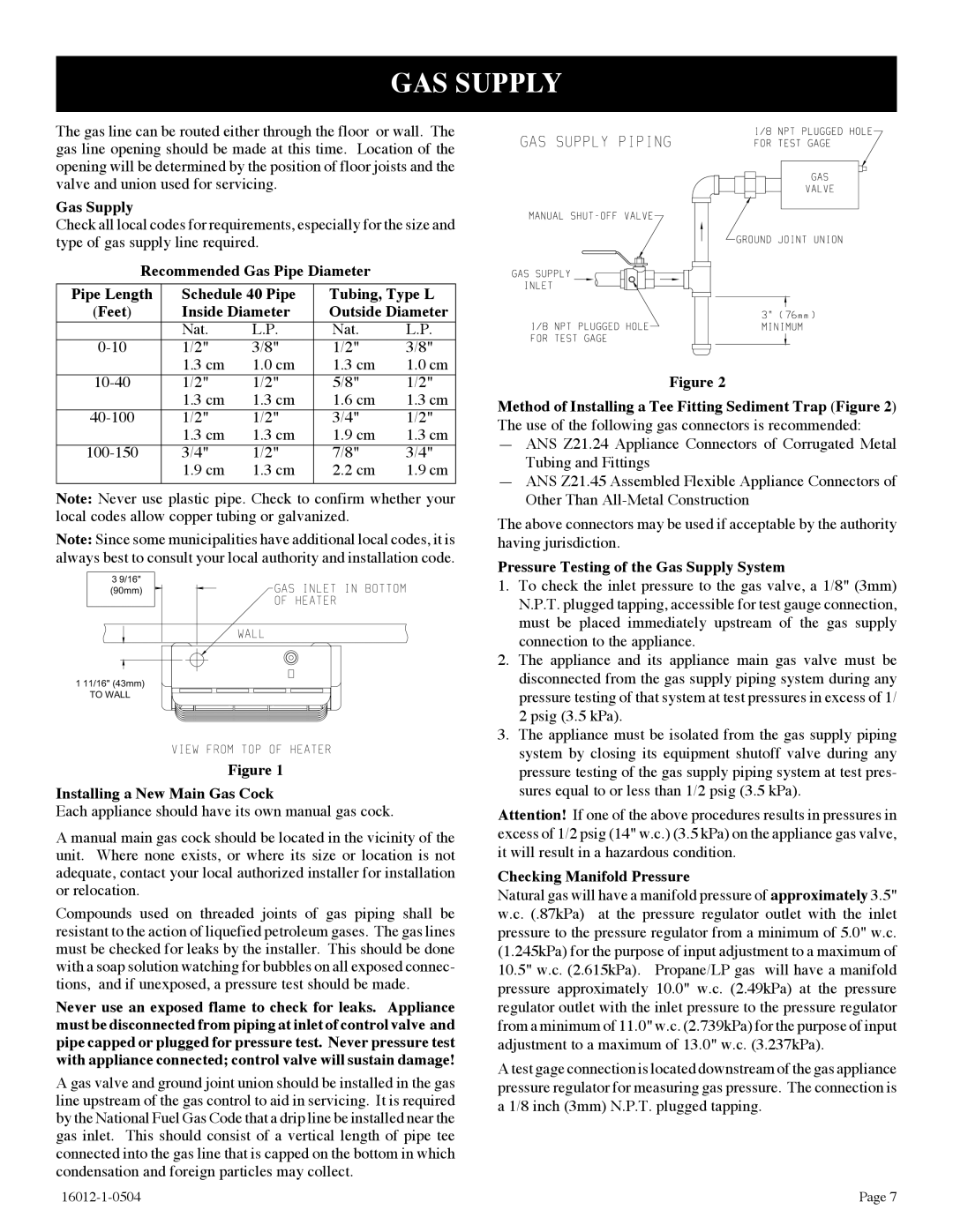 Empire Products BF-30-2, BF-20-2 GAS Supply, Installing a New Main Gas Cock, Pressure Testing of the Gas Supply System 