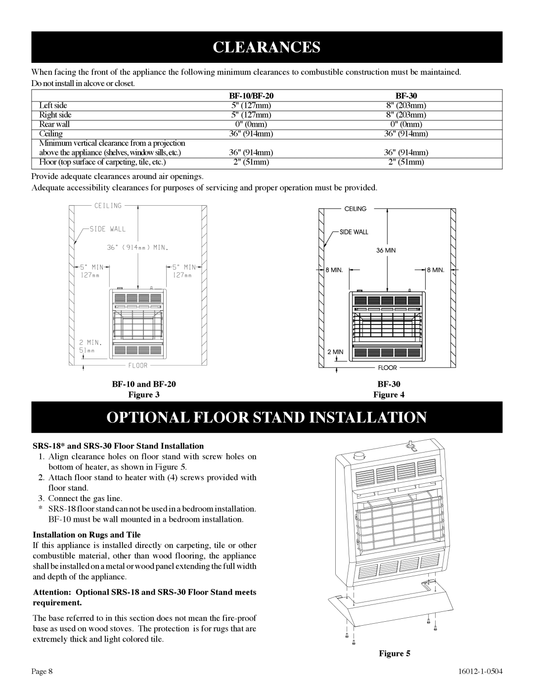 Empire Products BF-10-2, BF-20-2, BF-30-2 installation instructions Clearances, Optional Floor Stand Installation 