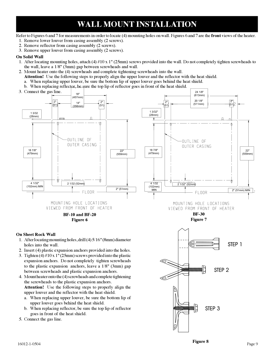 Empire Products BF-20-2, BF-30-2, BF-10-2 Wall Mount Installation, On Solid Wall, BF-10 and BF-20 BF-30 On Sheet Rock Wall 