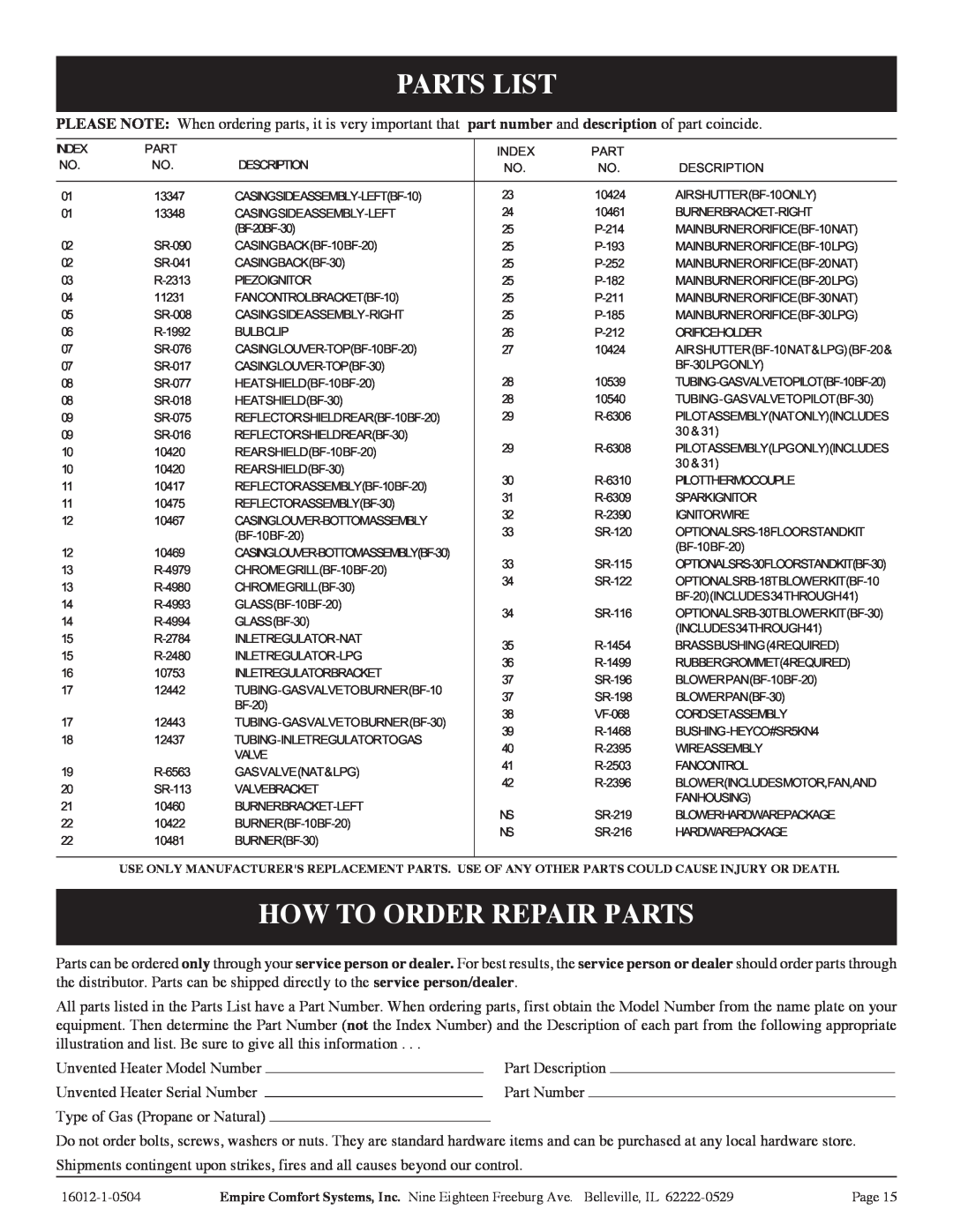 Empire Products BF-20-2, BF-30-2 Parts List, How To Order Repair Parts, part number and description of part coincide 