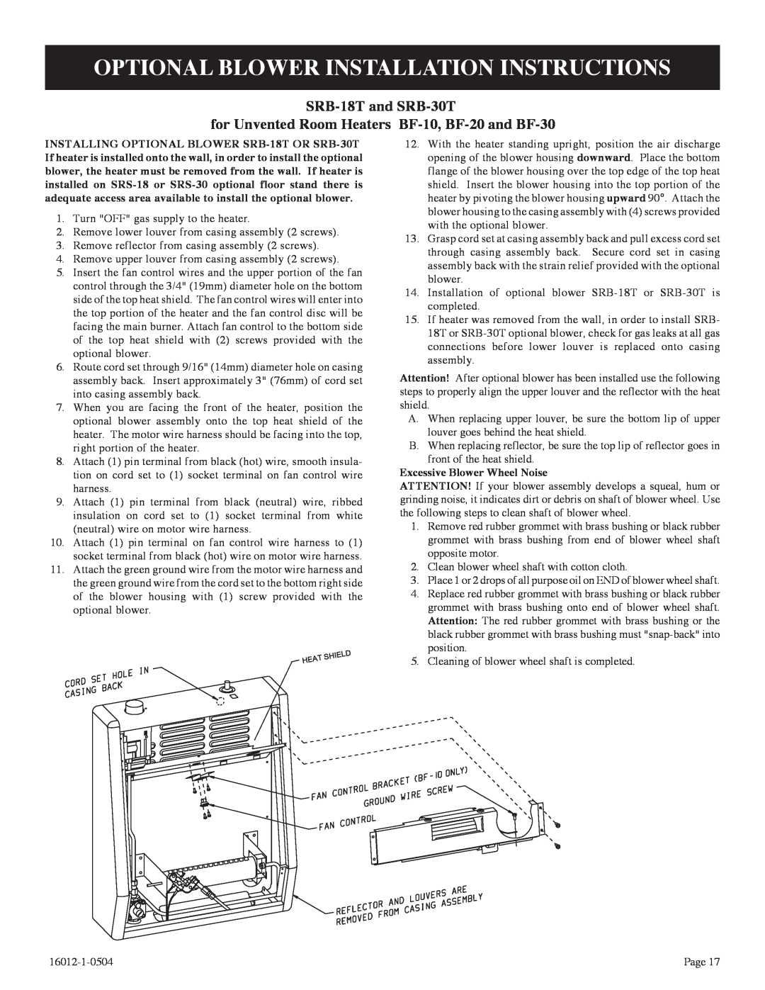 Empire Products BF-10-2 Optional Blower Installation Instructions, SRB-18Tand SRB-30T, Excessive Blower Wheel Noise 