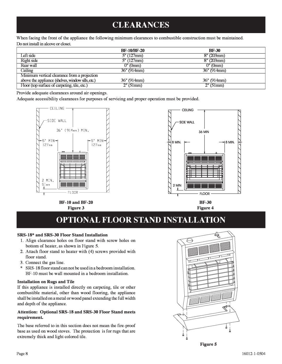 Empire Products BF-10-2, BF-20-2, BF-30-2 installation instructions Clearances, Optional Floor Stand Installation 
