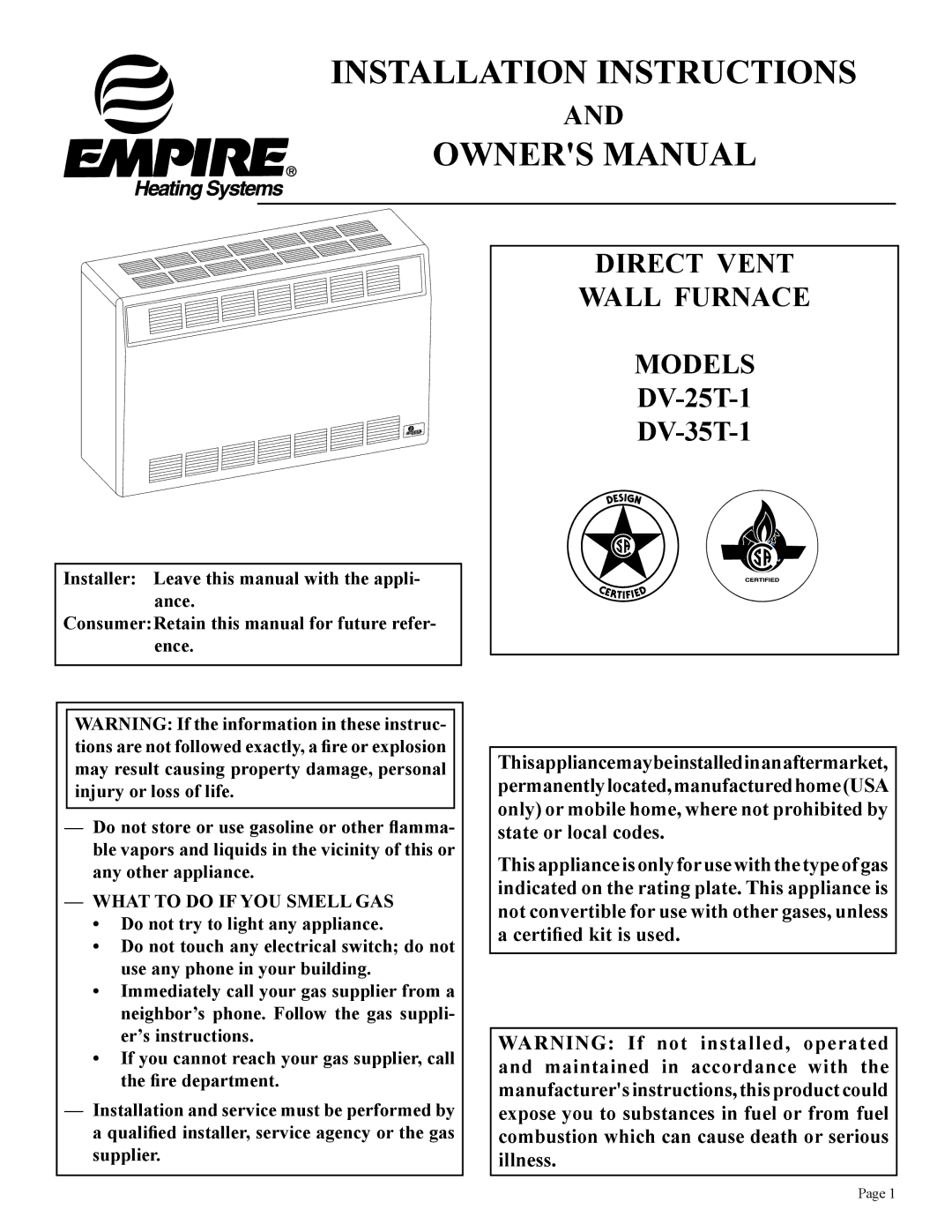 Empire Products DV-25T-1, DV-35T-1 installation instructions Installation Instructions 