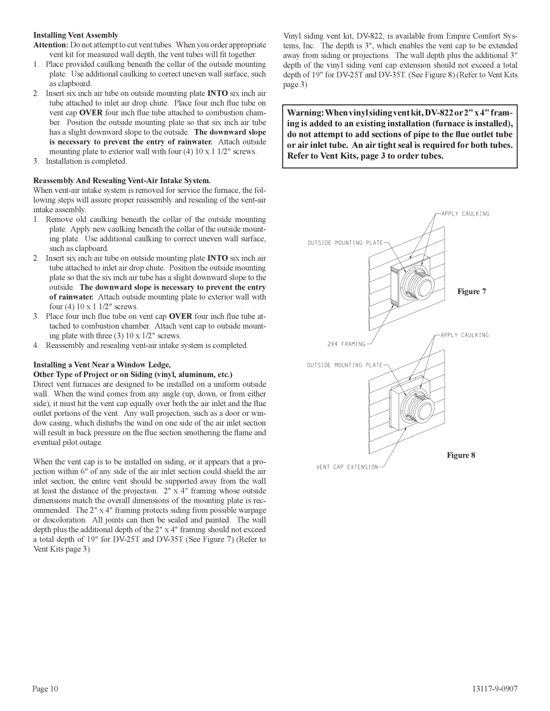 Empire Products DV-35T-1, DV-25T-1 Installing Vent Assembly, Reassembly And Resealing Vent-Air Intake System 