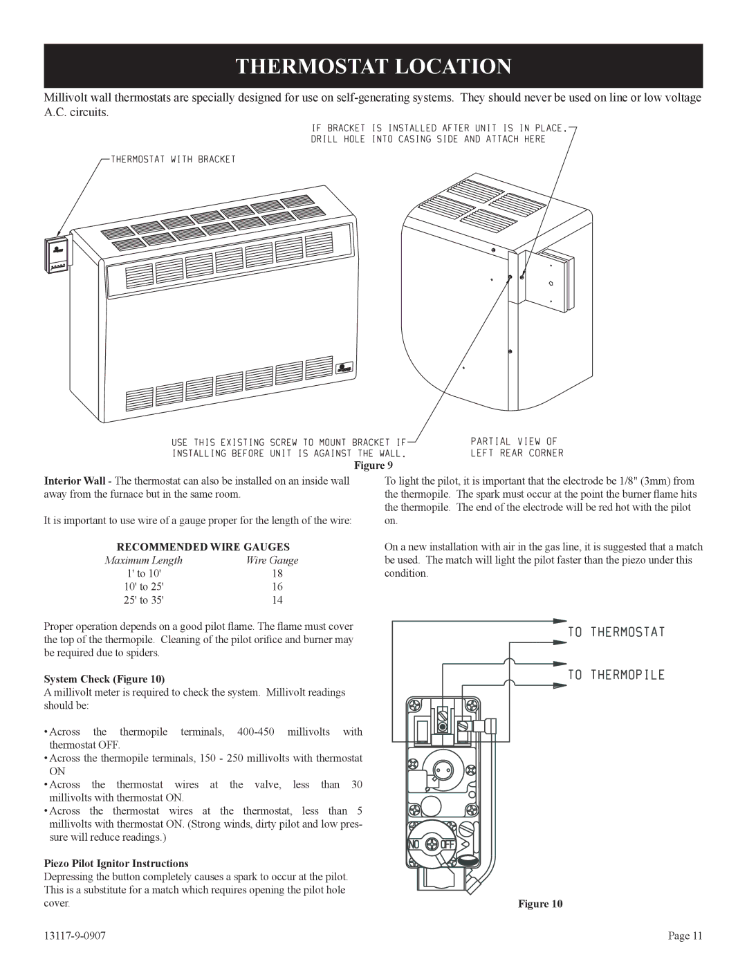 Empire Products DV-25T-1, DV-35T-1 Thermostat Location, System Check Figure, Piezo Pilot Ignitor Instructions 