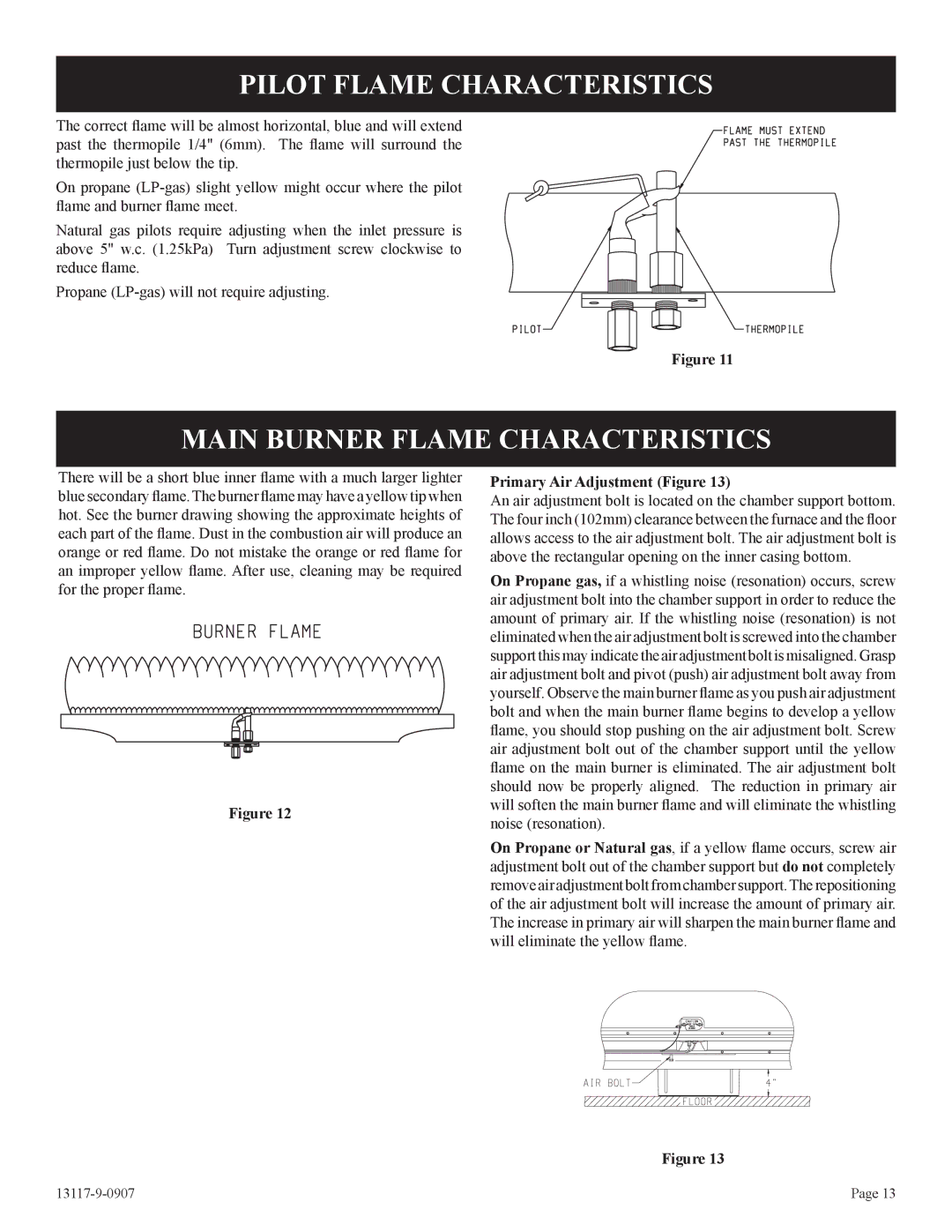 Empire Products DV-25T-1 Pilot Flame Characteristics, Main Burner Flame Characteristics, Primary Air Adjustment Figure 