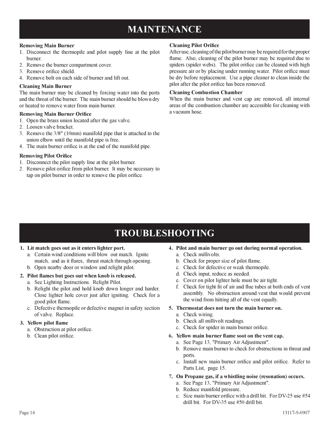 Empire Products DV-35T-1, DV-25T-1 installation instructions Maintenance, Troubleshooting 