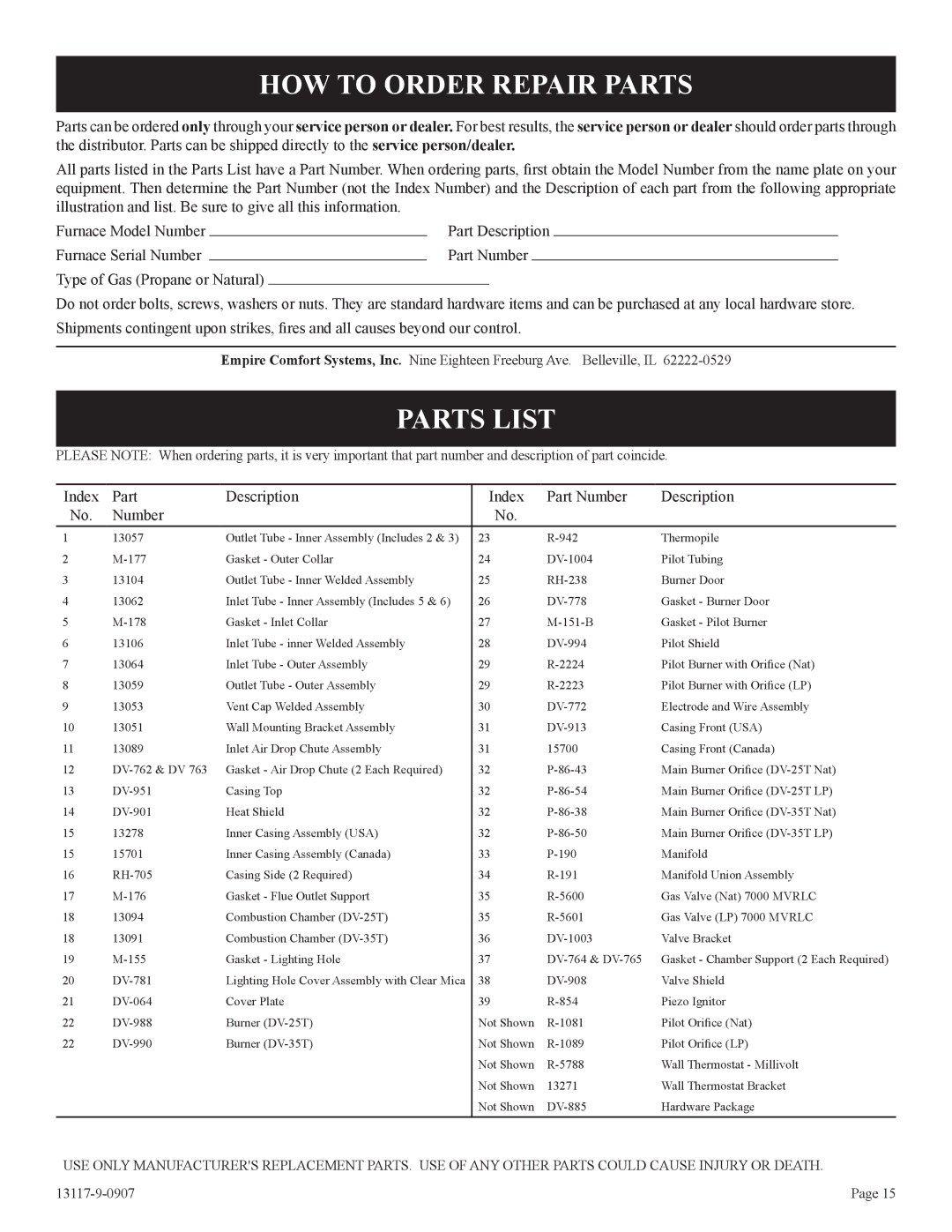 Empire Products DV-25T-1, DV-35T-1 installation instructions HOW to Order Repair Parts, Parts List 