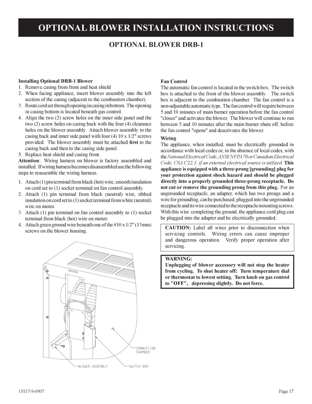 Empire Products DV-25T-1 Optional Blower Installation Instructions, Installing Optional DRB-1 Blower, Fan Control, Wiring 