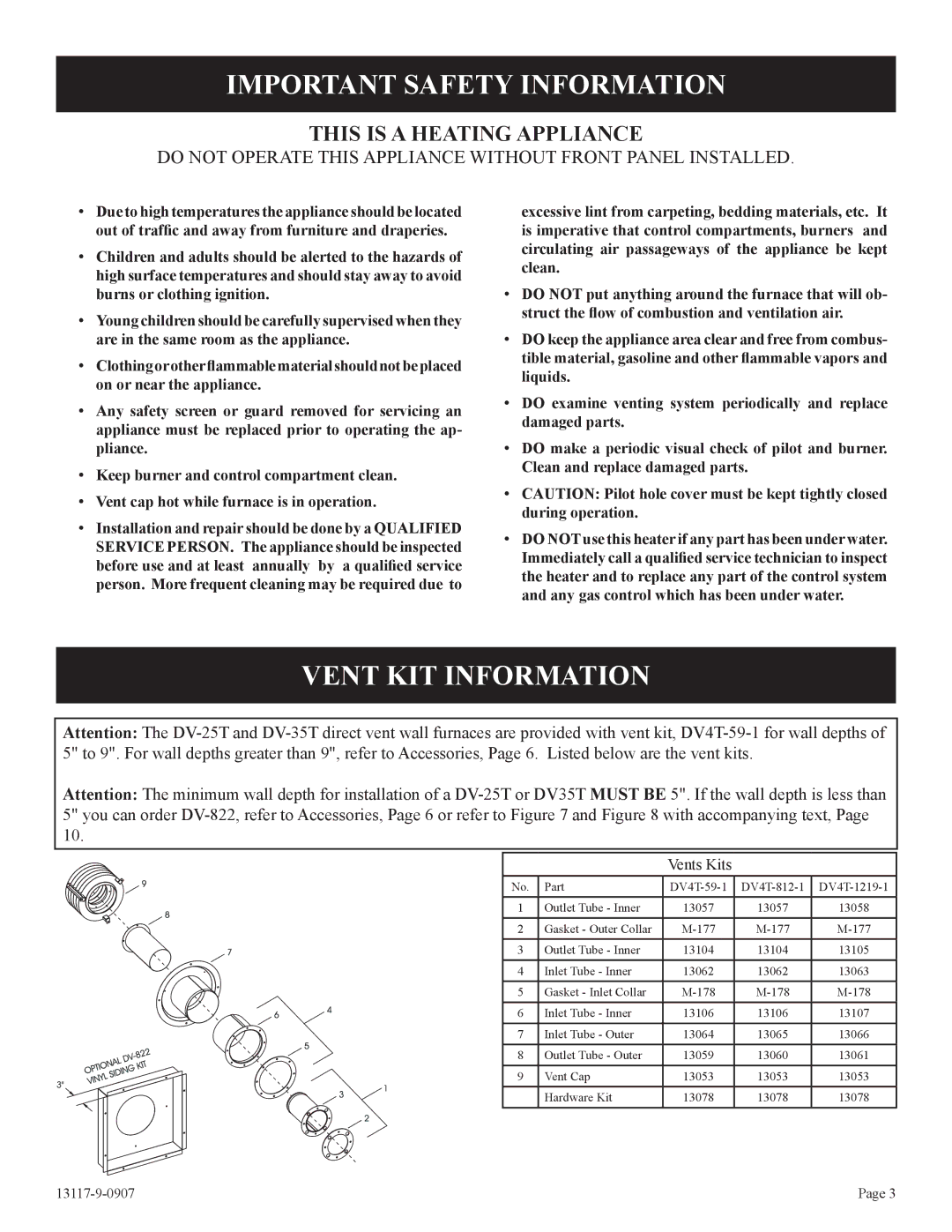 Empire Products DV-25T-1, DV-35T-1 installation instructions Important Safety Information, Vent KIT Information 