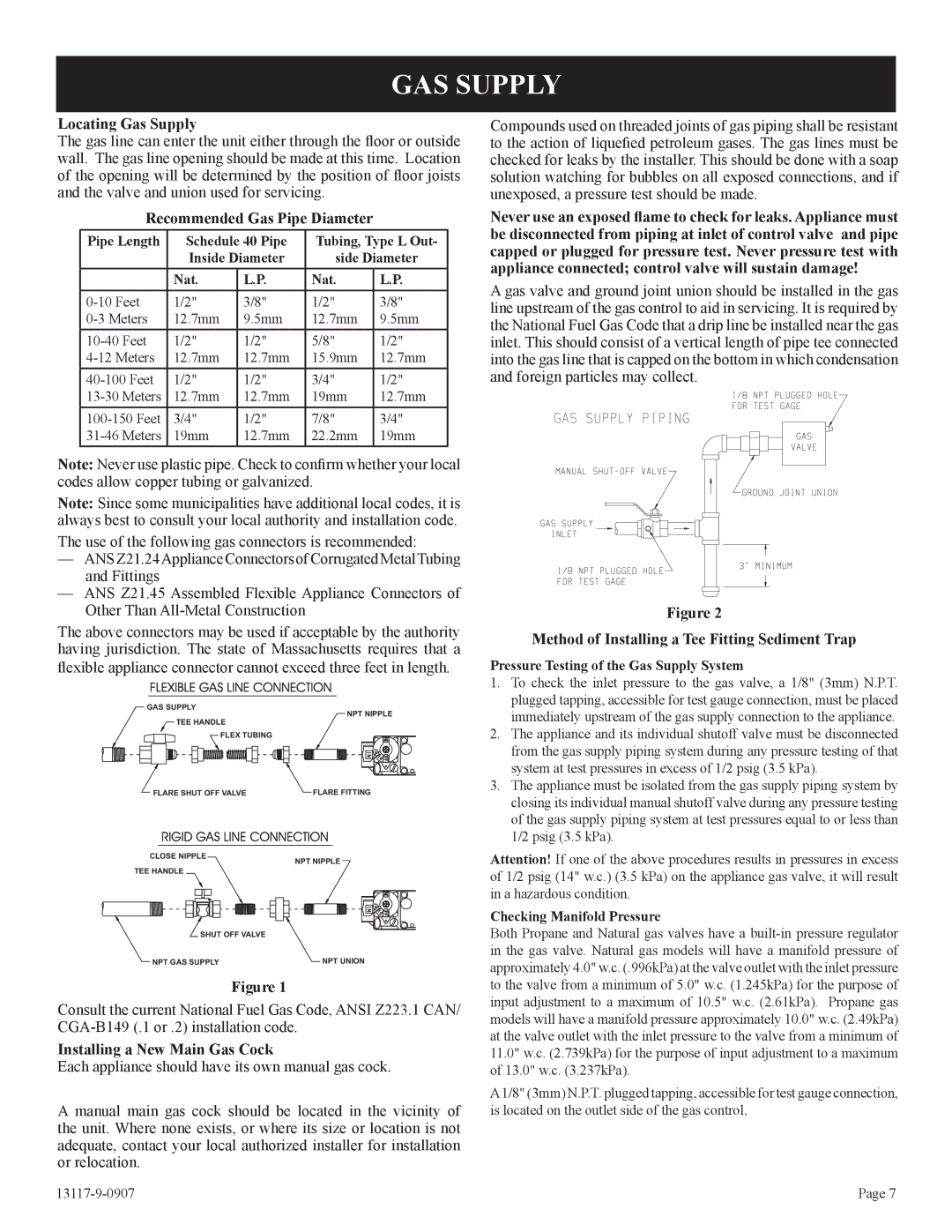 Empire Products DV-25T-1 GAS Supply, Locating Gas Supply, Recommended Gas Pipe Diameter, Installing a New Main Gas Cock 