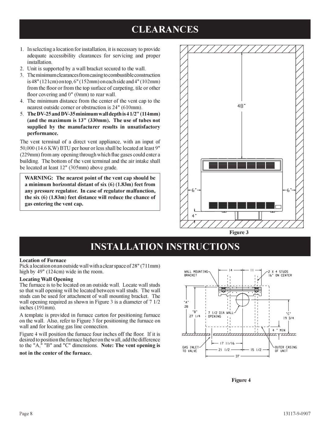 Empire Products DV-35T-1, DV-25T-1 Clearances, Installation Instructions, Location of Furnace, Locating Wall Opening 