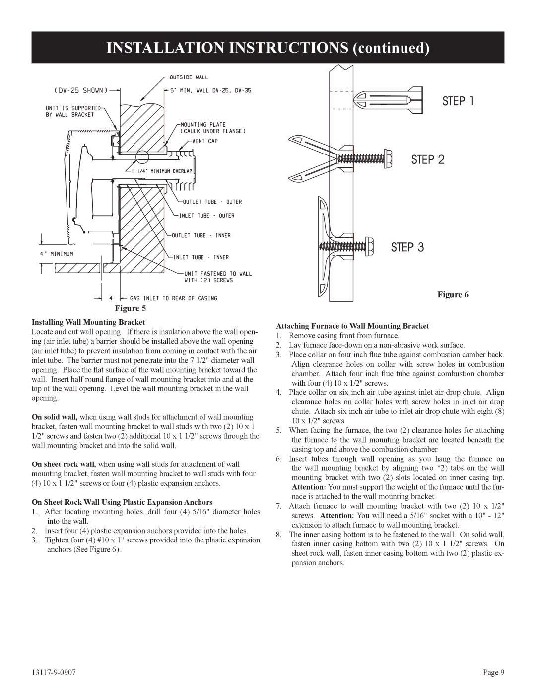 Empire Products DV-25T-1, DV-35T-1 Installing Wall Mounting Bracket, On Sheet Rock Wall Using Plastic Expansion Anchors 