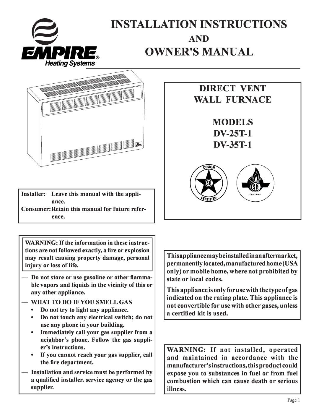 Empire Products installation instructions DIRECT VENT WALL FURNACE MODELS DV-25T-1 DV-35T-1, Installation Instructions 