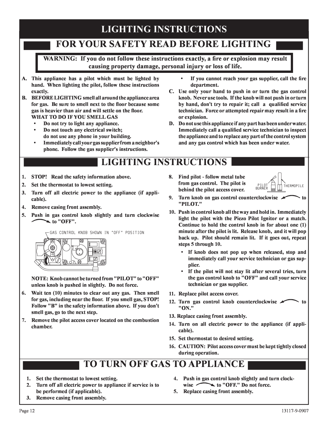 Empire Products DV-35T-1 Lighting Instructions, For Your Safety Read Before Lighting, To Turn Off Gas To Appliance 