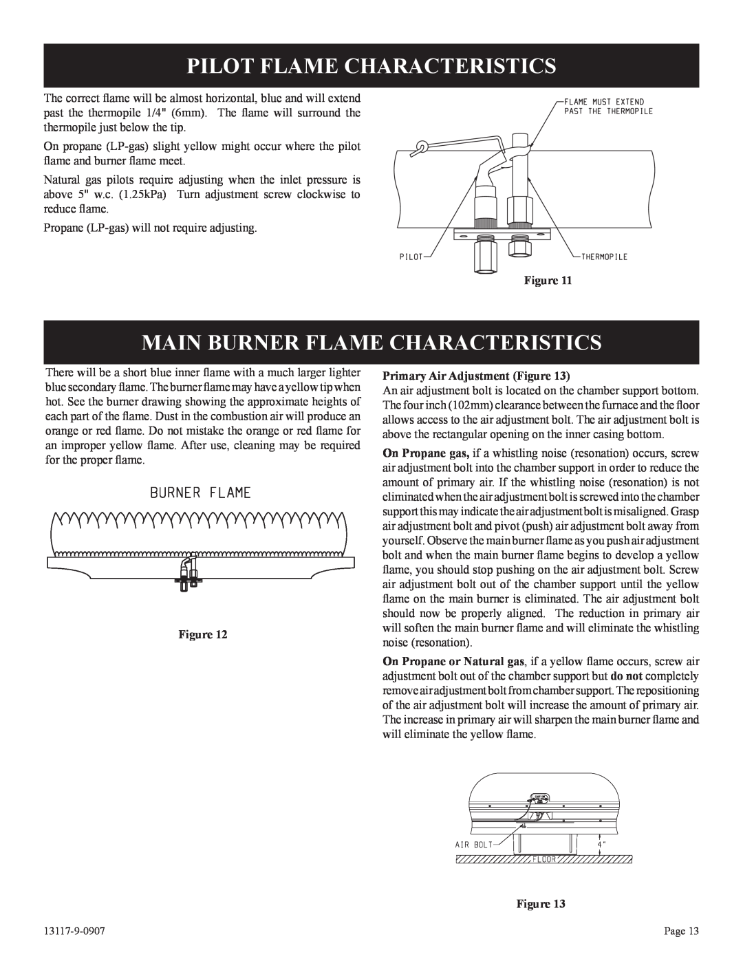 Empire Products DV-25T-1 Pilot Flame Characteristics, Main Burner Flame Characteristics, Primary Air Adjustment Figure 