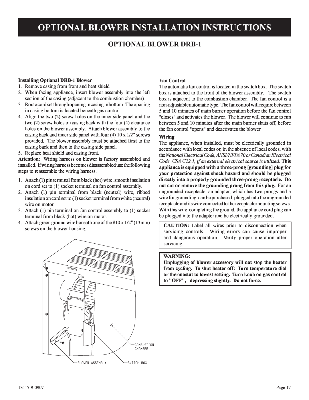 Empire Products DV-25T-1 Optional Blower Installation Instructions, OPTIONAL BLOWER DRB-1, Installing Optional DRB-1Blower 