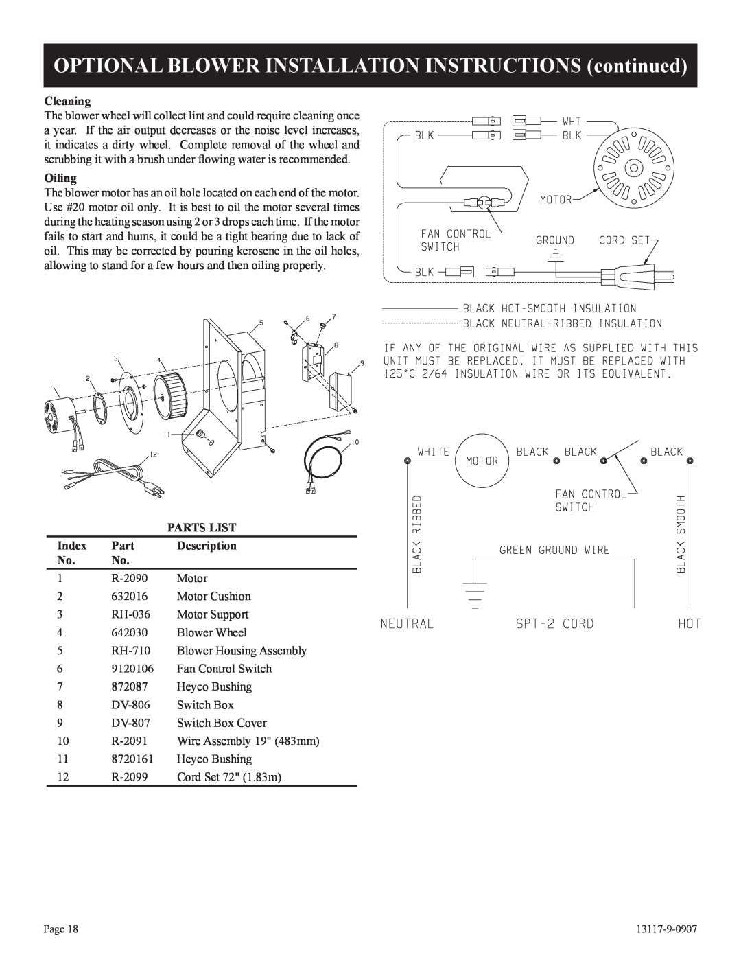 Empire Products DV-35T-1, DV-25T-1 installation instructions Cleaning, Oiling, Parts List, Index, Description, R-2090, Motor 
