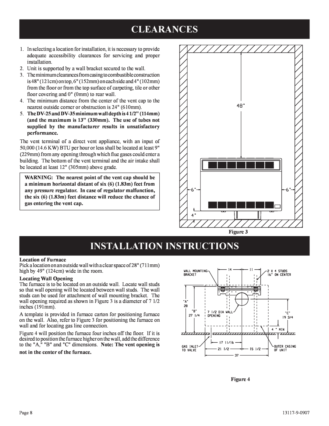 Empire Products DV-35T-1, DV-25T-1 Clearances, Installation Instructions, Location of Furnace, Locating Wall Opening 