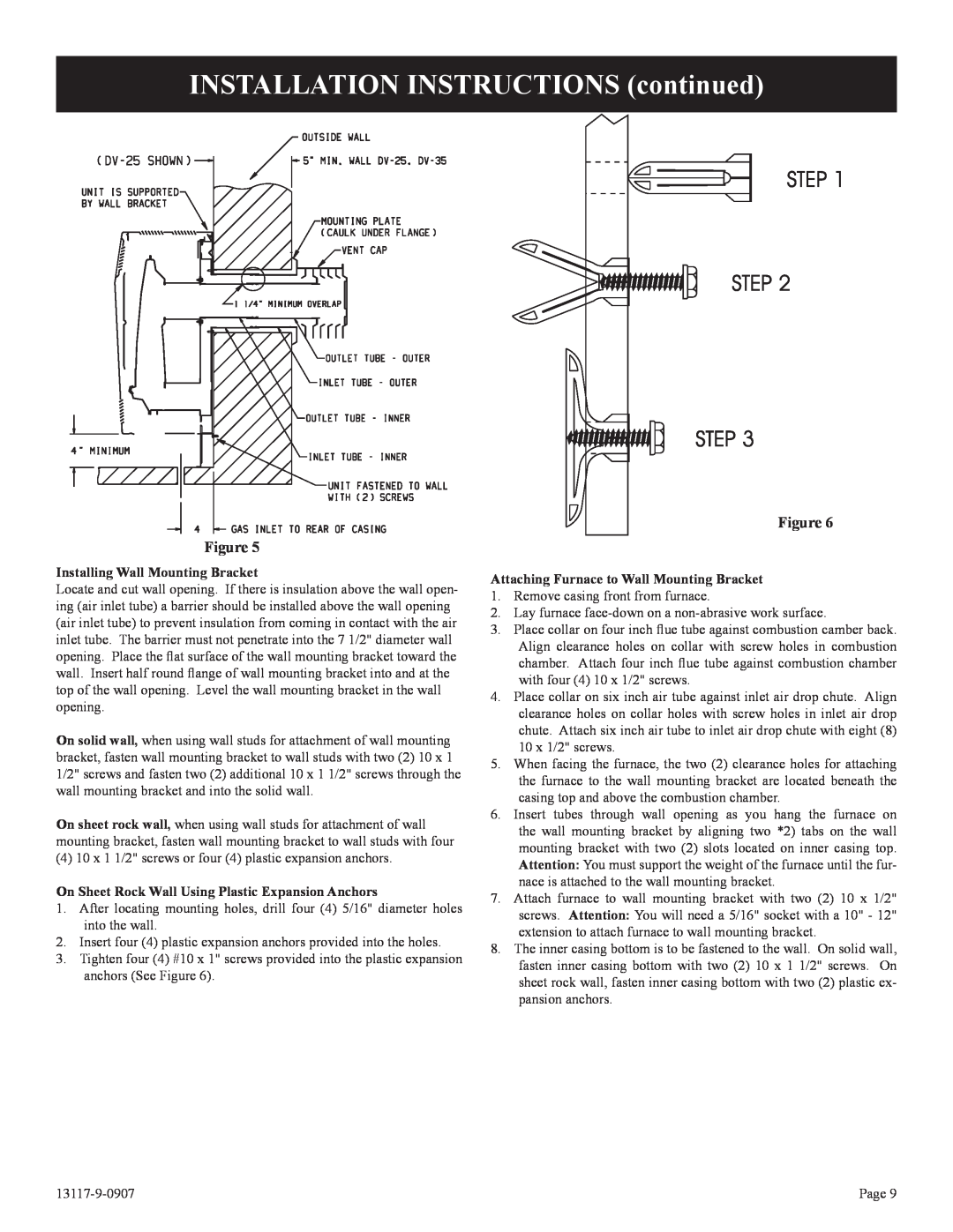 Empire Products DV-25T-1, DV-35T-1 INSTALLATION INSTRUCTIONS continued, Installing Wall Mounting Bracket 