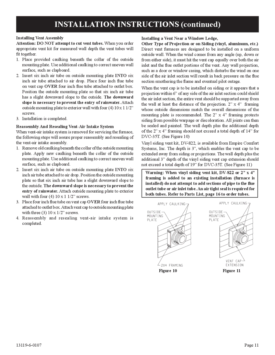 Empire Products DVC-35T-1, DVC-35IPT-1 Installing Vent Assembly, Reassembly And Resealing Vent-Air Intake System 