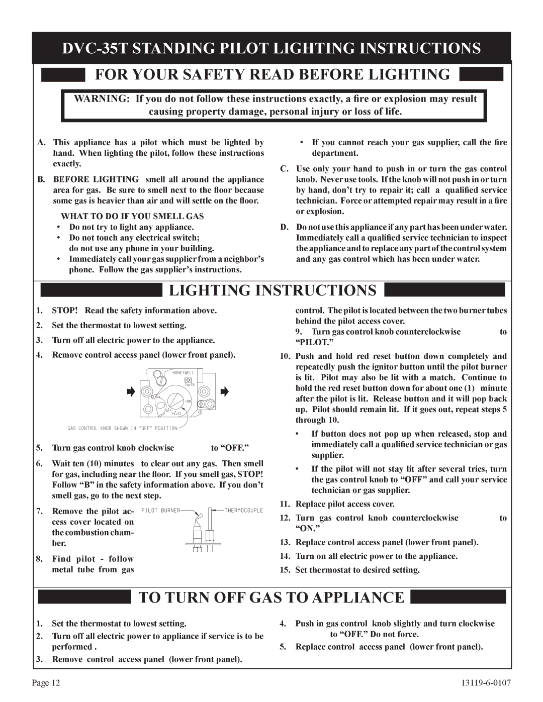 Empire Products DVC-35IPT-1, DVC-35T-1 DVC-35T Standing Pilot Lighting Instructions, For Your Safety Read Before Lighting 