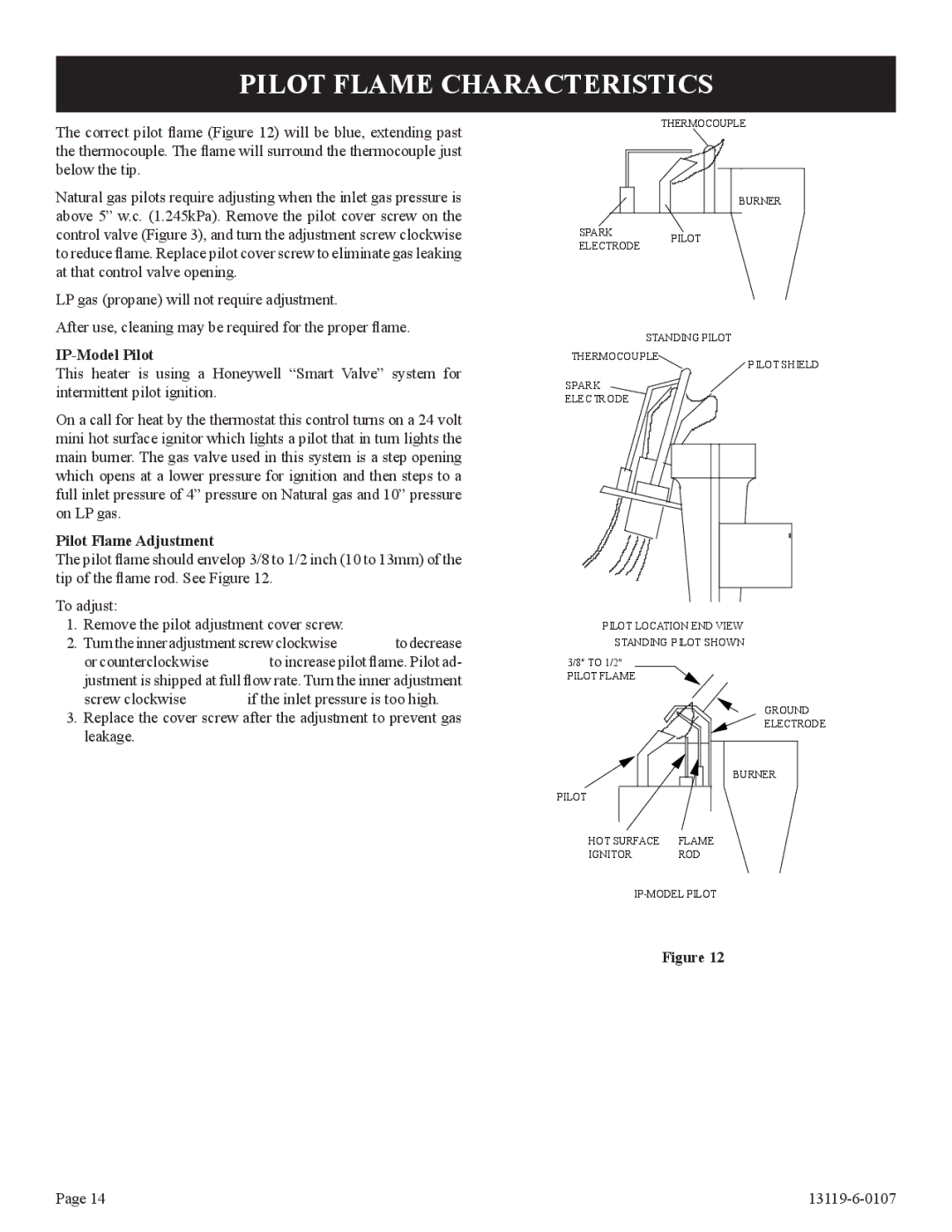 Empire Products DVC-35IPT-1, DVC-35T-1 Pilot Flame Characteristics, IP-Model Pilot, Pilot Flame Adjustment 