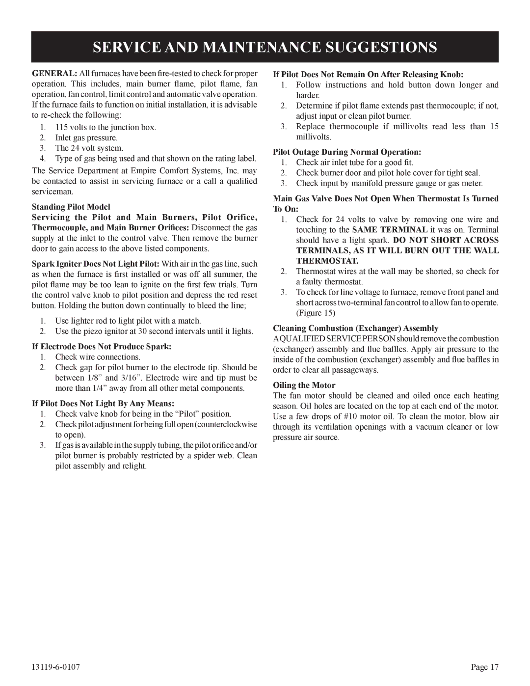 Empire Products DVC-35T-1, DVC-35IPT-1 installation instructions Service and Maintenance Suggestions 