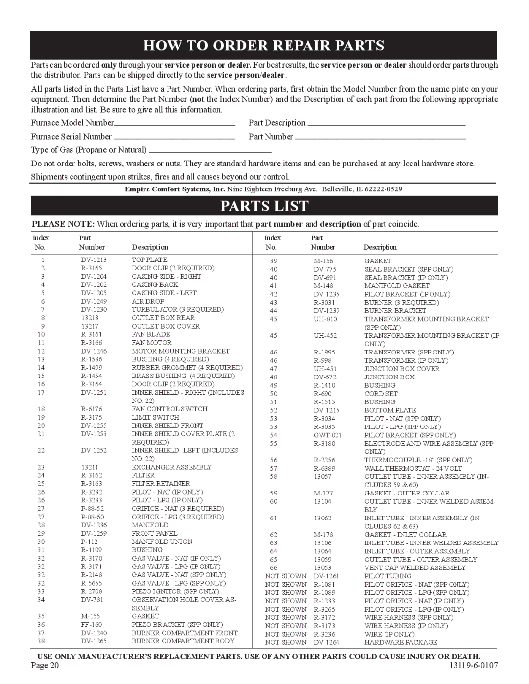 Empire Products DVC-35IPT-1, DVC-35T-1 installation instructions HOW to Order Repair Parts, Parts List 