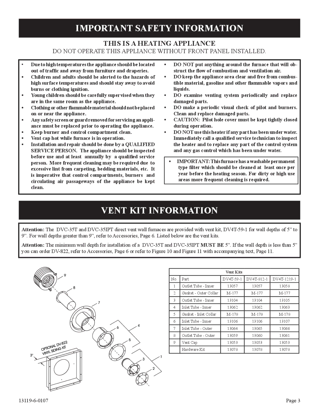 Empire Products DVC-35T-1, DVC-35IPT-1 installation instructions Important Safety Information, Vent KIT Information 