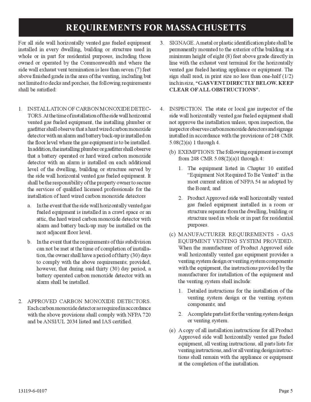 Empire Products DVC-35T-1, DVC-35IPT-1 installation instructions Requirements for Massachusetts, Clear of ALL Obstructions 