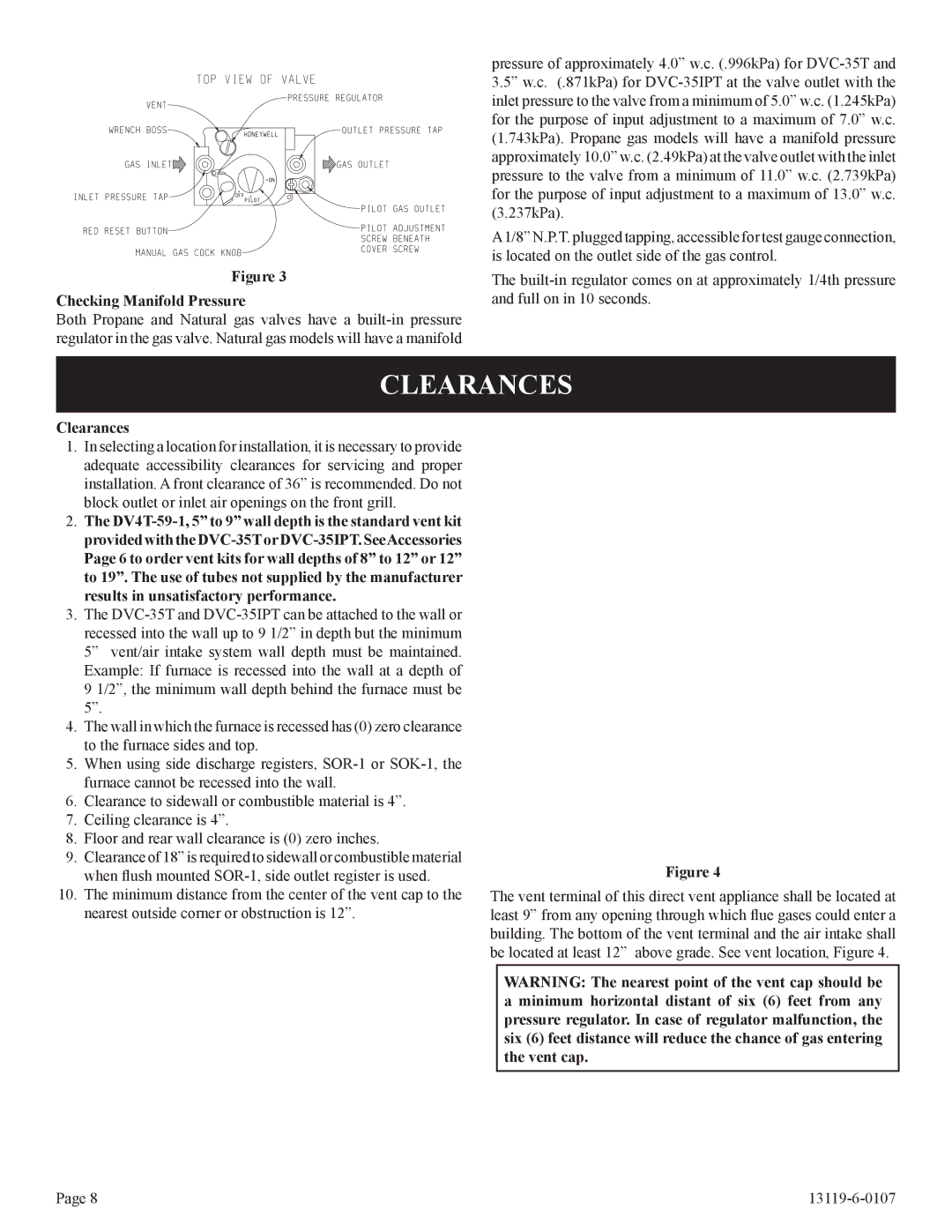 Empire Products DVC-35IPT-1, DVC-35T-1 installation instructions Clearances, Checking Manifold Pressure 