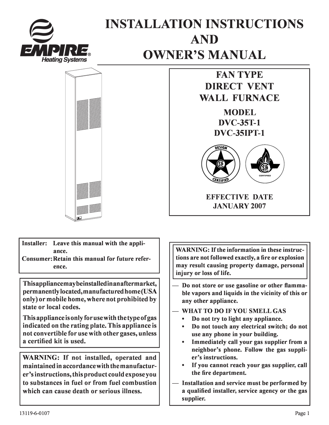 Empire Products DVC-35T-1, DVC-35IPT-1 installation instructions Fan Type Direct Vent Wall Furnace, Effective Date January 