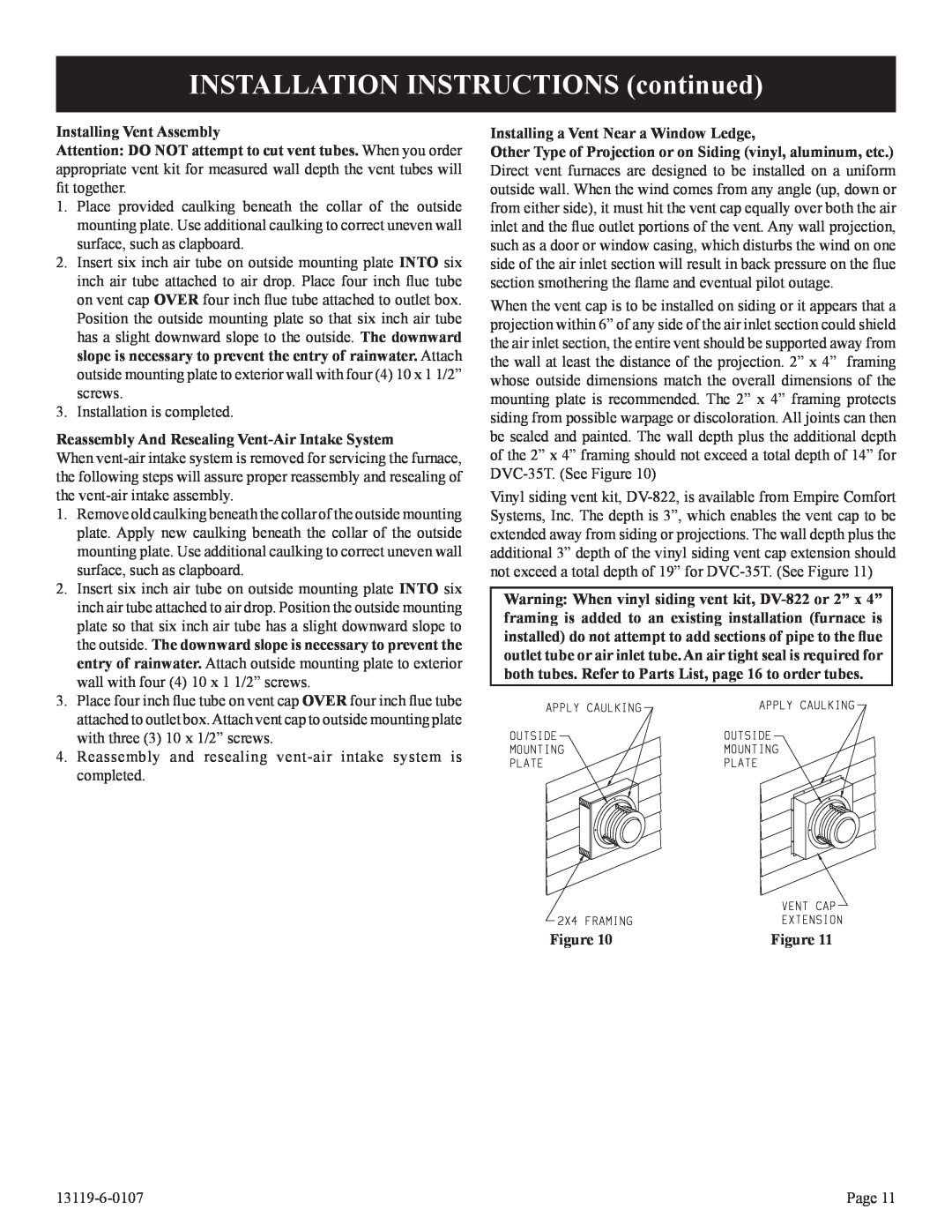 Empire Products DVC-35T-1, DVC-35IPT-1 INSTALLATION INSTRUCTIONS continued, Installing Vent Assembly 
