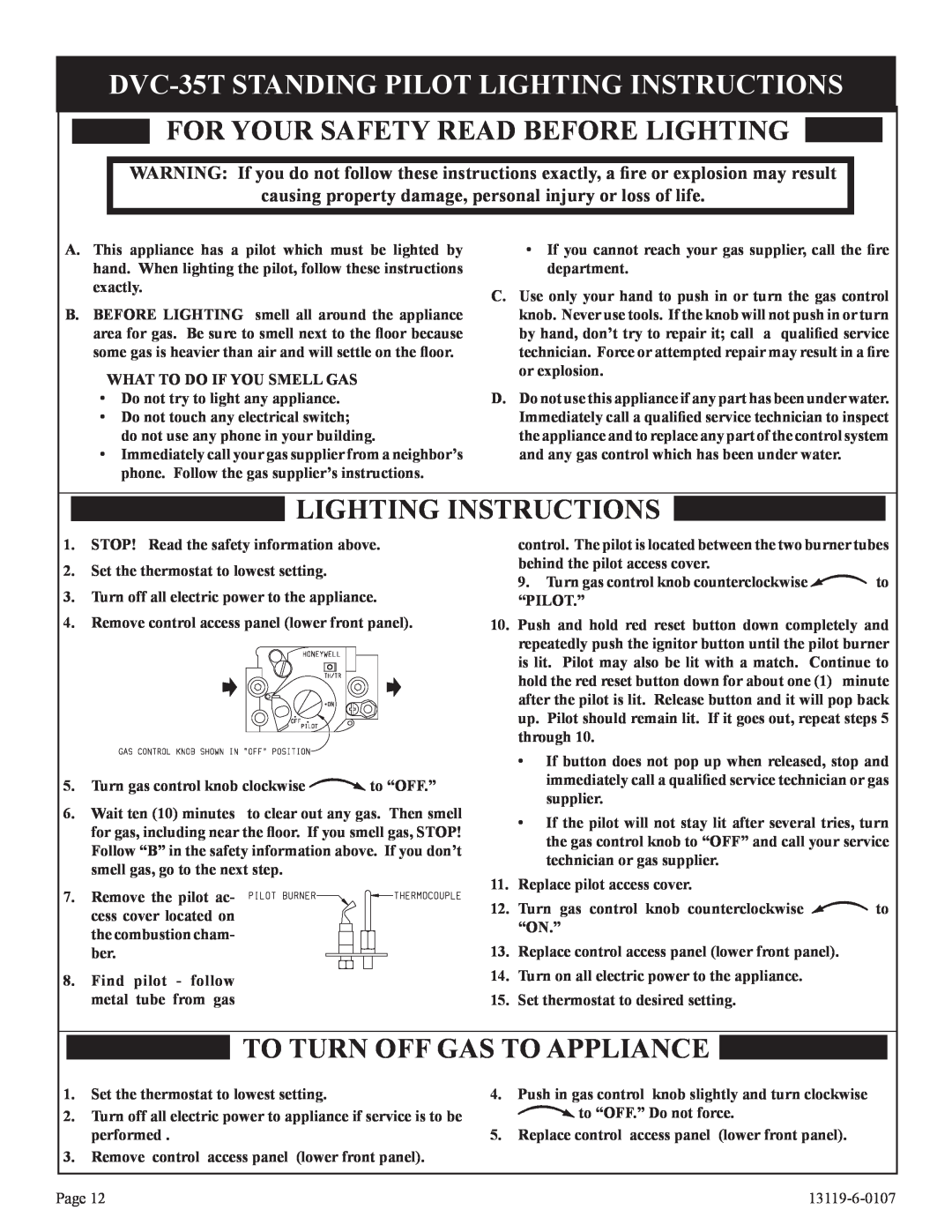 Empire Products DVC-35IPT-1, DVC-35T-1 DVC-35TSTANDING PILOT LIGHTING INSTRUCTIONS, For Your Safety Read Before Lighting 