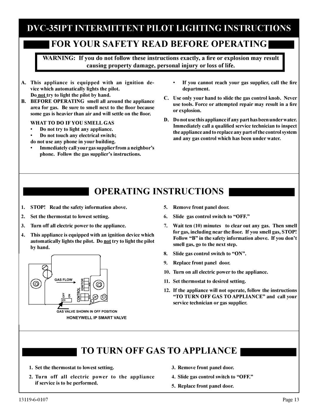 Empire Products DVC-35T-1 For Your Safety Read Before Operating, Operating Instructions, To Turn Off Gas To Appliance 
