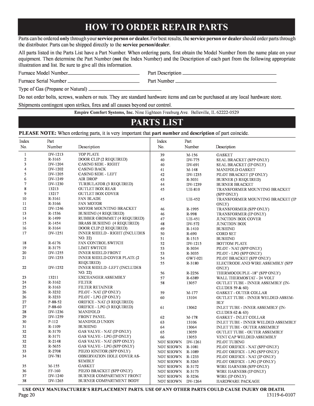 Empire Products DVC-35IPT-1, DVC-35T-1 installation instructions How To Order Repair Parts, Parts List 