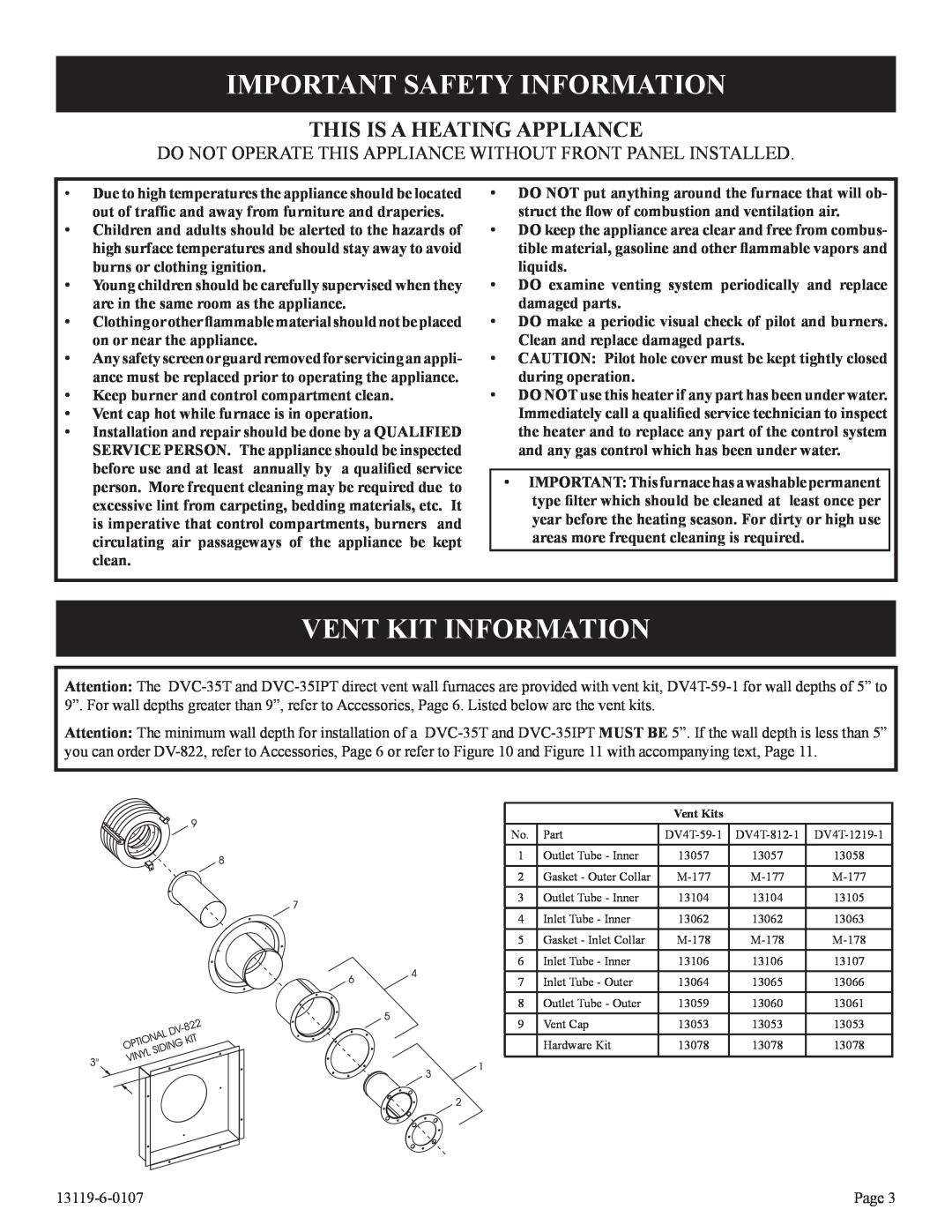 Empire Products DVC-35T-1, DVC-35IPT-1 Important Safety Information, Vent Kit Information, This Is A Heating Appliance 