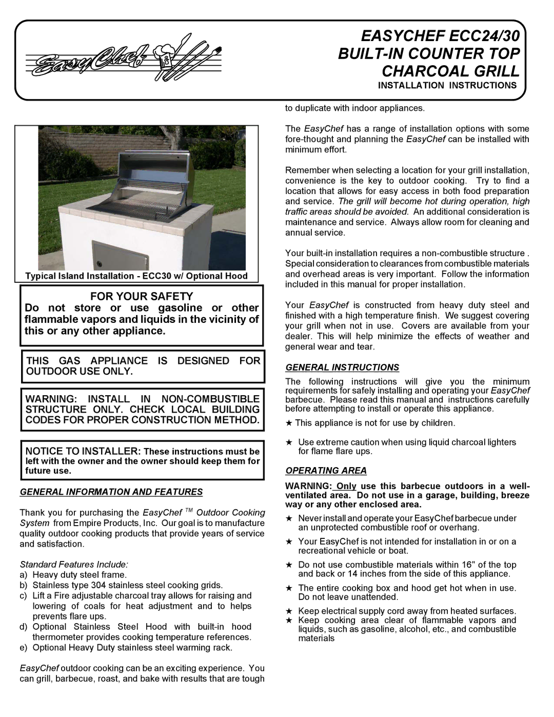 Empire Products ECC24 installation instructions General Information and Features, Installation Instructions 