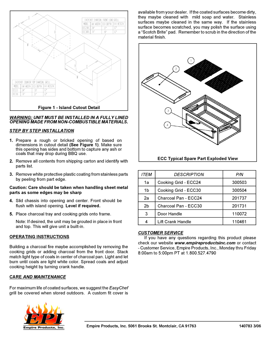 Empire Products ECC24 Step by Step Installation, Operating Instructions, Care and Maintenance, Customer Service 