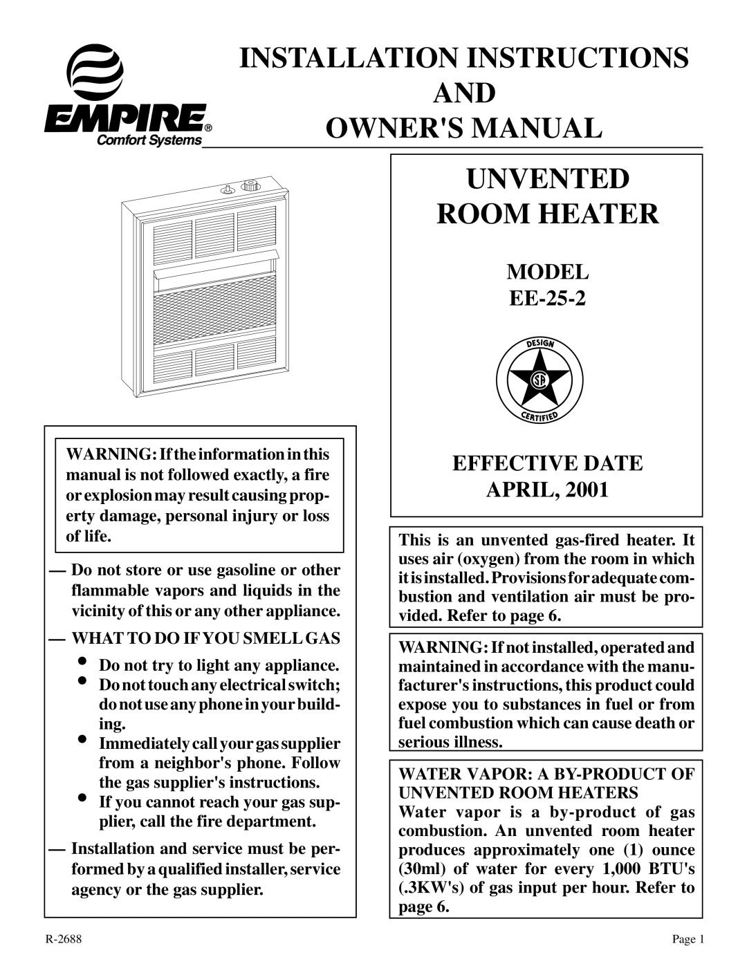 Empire Products EE-25-2 installation instructions Installation Instructions 