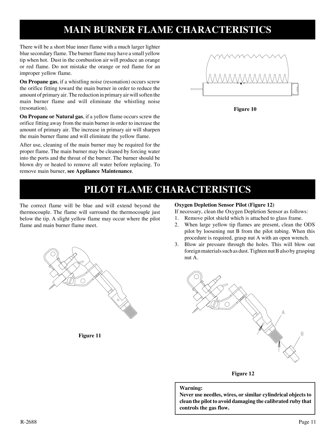 Empire Products EE-25-2 installation instructions Main Burner Flame Characteristics, Pilot Flame Characteristics 