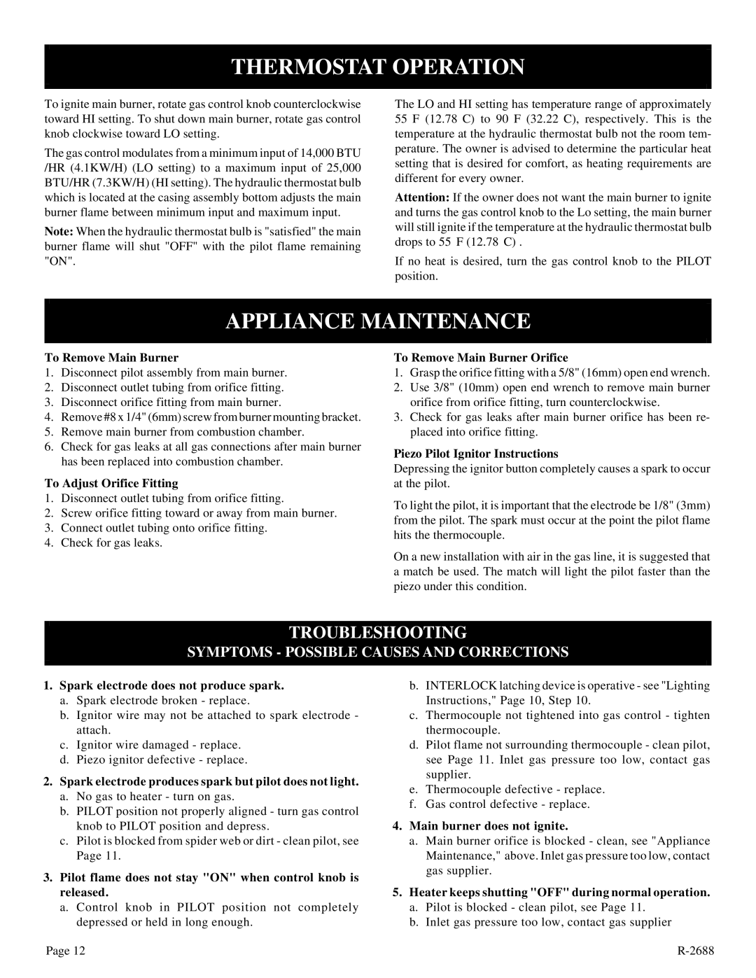 Empire Products EE-25-2 installation instructions Thermostat Operation, Appliance Maintenance 