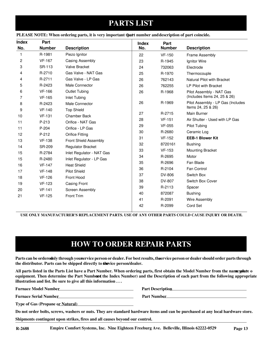 Empire Products EE-25-2 installation instructions Parts List, HOW to Order Repair Parts 