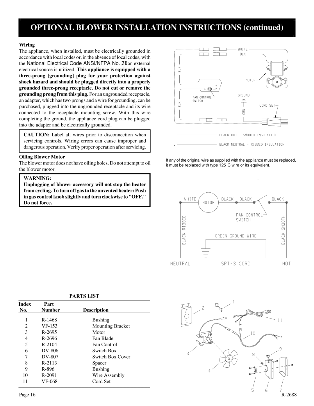 Empire Products EE-25-2 installation instructions Wiring, Oiling Blower Motor, Index Part Number Description 